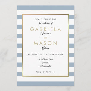 Invitation Mariage Dusty Blue Stripe Faux Gold Foil