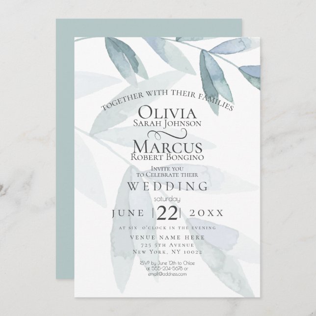 Invitation Mariage | Dusty Blue Watercolor Eucalyptus Feuille (Devant / Derrière)