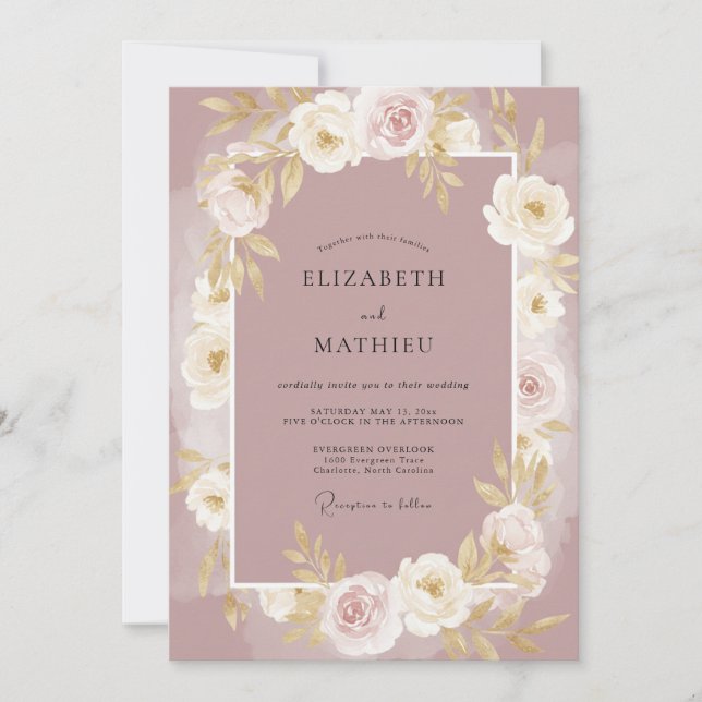 Invitation Mariage Dusty Mauve Blanc Paeonie (Devant)