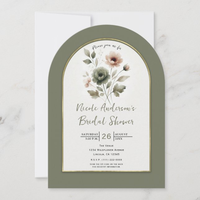Invitation Mariage Dusty Olive & Rose Aquarelle Floral (Devant)
