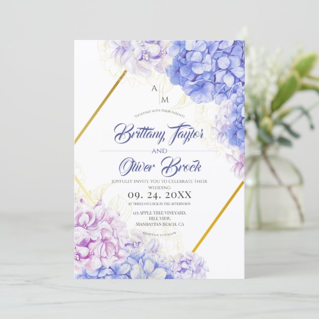 Invitation Mariage Dusty Pink & Bleu Nuit Flora Hydrangea (Debout devant)