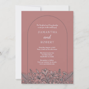 Invitation Mariage Dusty Pink Floral Art Linéaire