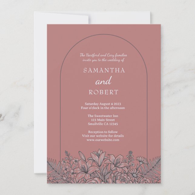 Invitation Mariage Dusty Pink Floral Art Linéaire  (Devant)