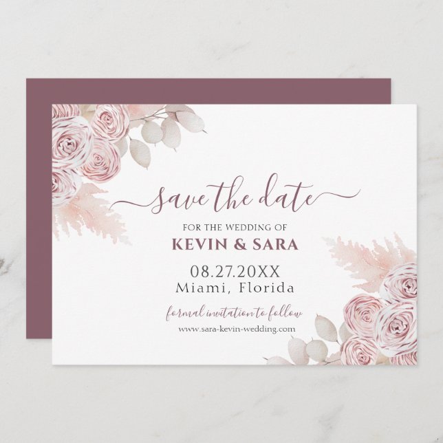 Invitation Mariage Dusty Rose Floral Pastel Enregistrer la da (Devant / Derrière)