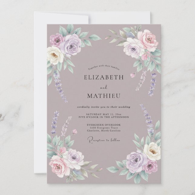 Invitation Mariage Dusty Violet Ranunculus Eucalyptus (Devant)
