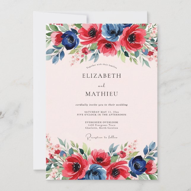 Invitation Mariage dynamique de printemps de la marine rouge  (Devant)
