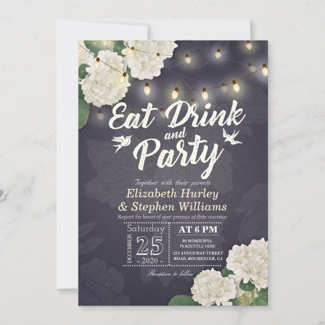 Invitation Mariage EAT Drink & Party Hydrangeas String Lights (Devant)