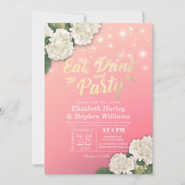 Invitation Mariage EAT Drink & Party Hydrangeas String Lights (Devant)