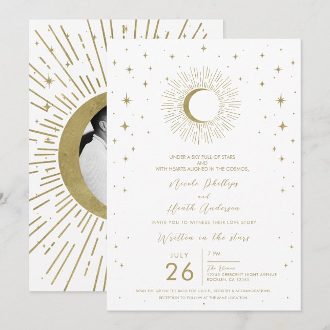 Invitation Mariage Éclat de Soleil Céleste Étoiles et Lune Bl (Devant / Derrière)