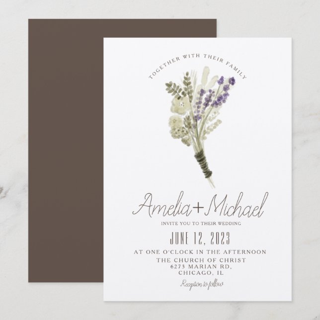 Invitation Mariage Éco Minimaliste Aquarelle Lavande (Devant / Derrière)