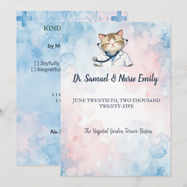 Invitation Mariage École de Médecine Chat Infirmière Docteur  (Devant / Derrière)