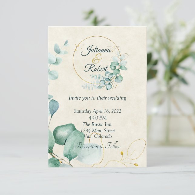 Invitation Mariage économique avec eucalyptus et or (Debout devant)