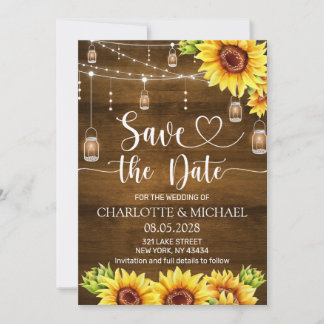 Invitation Mariage Économisez la Date Tournesol Rustique