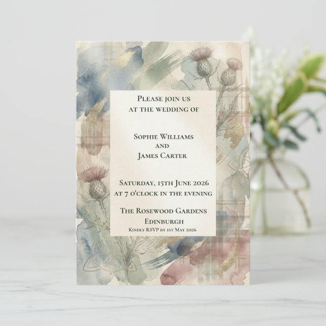 Invitation Mariage Écossais au motif de Chardon à l'aquarelle (Debout devant)