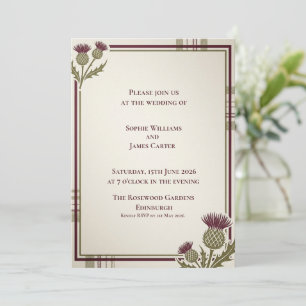 Invitation Mariage Écossais Coin Thistle Tartan Violet