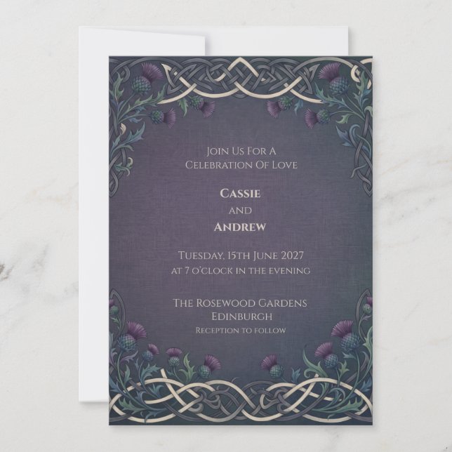 Invitation Mariage Écossais Dark Navy Or Chardon Celtique (Devant)