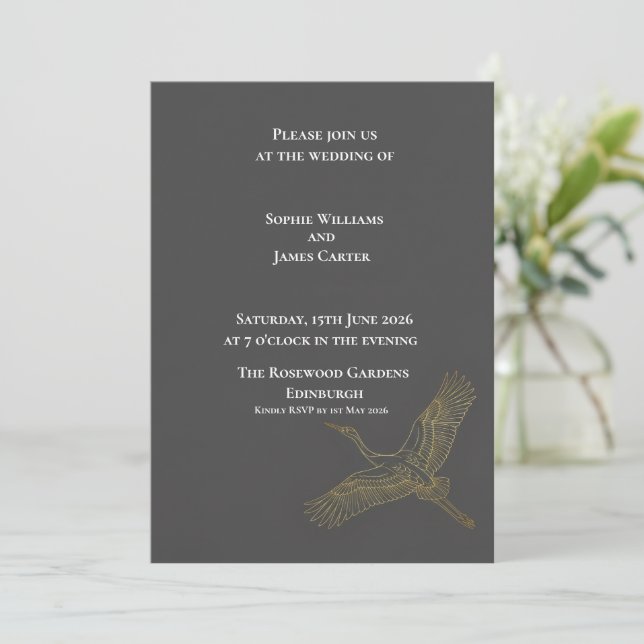 Invitation Mariage Écossais Héron Or Charbon Foncé (Debout devant)