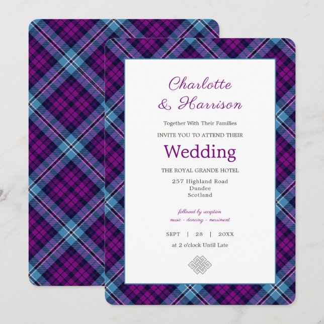 Invitation Mariage écossais Tartan bleu violet (Devant / Derrière)