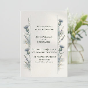 Invitation Mariage Écossais Tartan Chardon Botanique Bleu