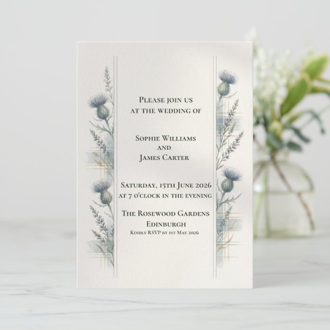 Invitation Mariage Écossais Tartan Chardon Botanique Bleu (Debout devant)