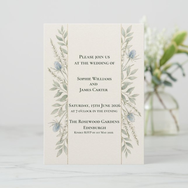 Invitation Mariage Écossais Thistle Botanique Minimal Vert (Debout devant)
