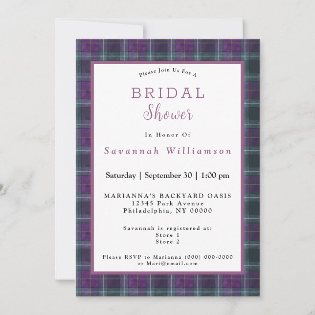 Invitation Mariage Écossais Vert Violet Tartan (Devant)