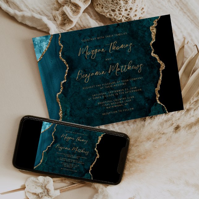 Invitation Mariage écriture Agate Bleu sarcelle Or (Créateur téléchargé)