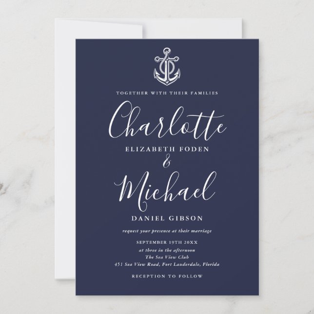 Invitation Mariage écriture bleu marine et blanc d'ancre naut (Devant)