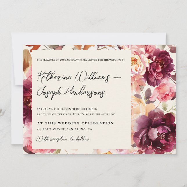 Invitation Mariage écriture calligraphique Burgundy Jardin Dé (Devant)