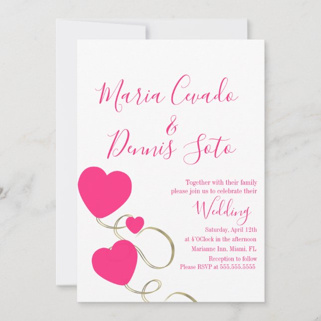 Invitation Mariage Écriture Cœurs et Volutes Rose Or (Devant)