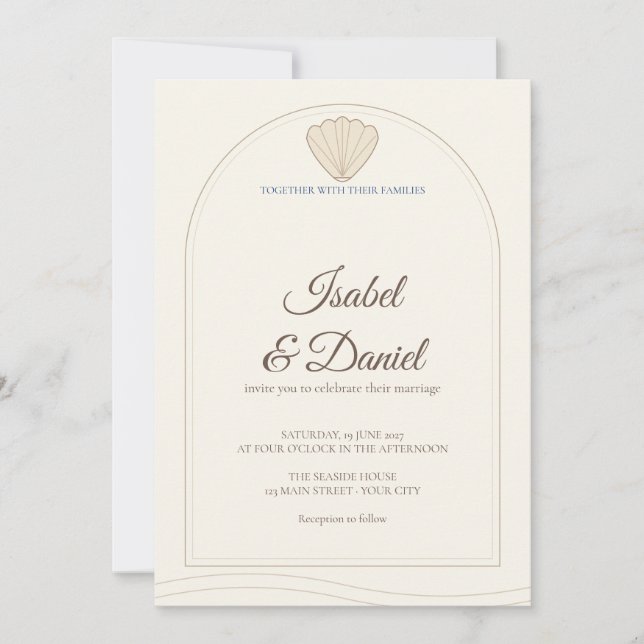 Invitation Mariage écriture côtière sable coquillage (Devant)