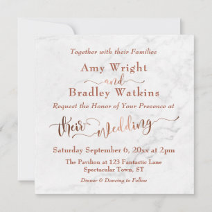Invitation Mariage   Écriture cuivrée ornée sur marbre blanc