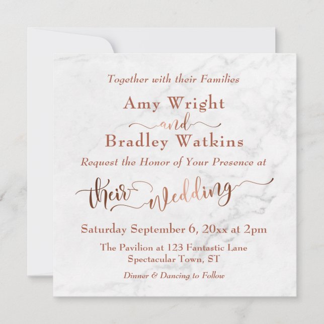 Invitation Mariage | Écriture cuivrée ornée sur marbre blanc (Devant)