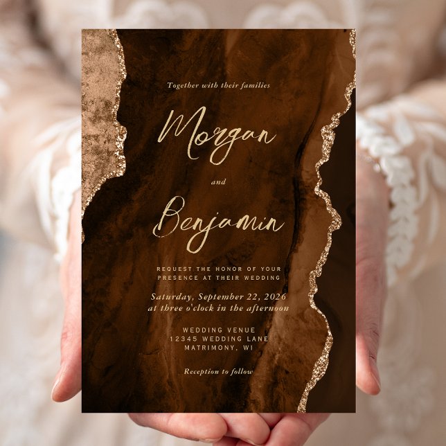 Invitation Mariage écriture dorée Agate aquarelle Brun Mocha (Créateur téléchargé)