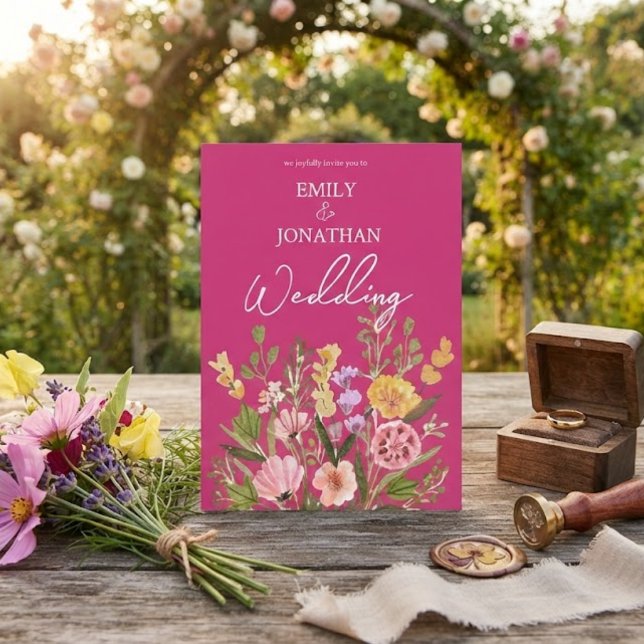 Invitation Mariage écriture fleurs sauvages vives et audacieu (Créateur téléchargé)