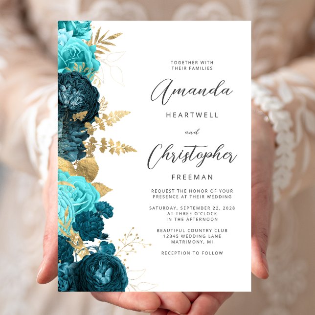 Invitation Mariage écriture florale or aqua sarcelle (Créateur téléchargé)