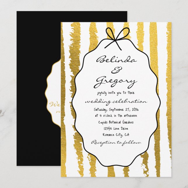 Invitation Mariage écriture manuscrite rayures fantaisistes  (Devant / Derrière)