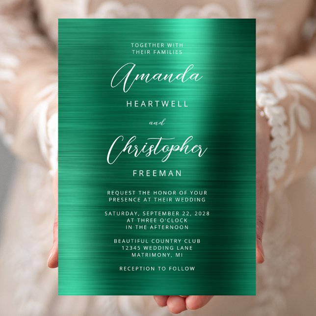 Invitation Mariage écriture métal brossé vert émeraude (Créateur téléchargé)