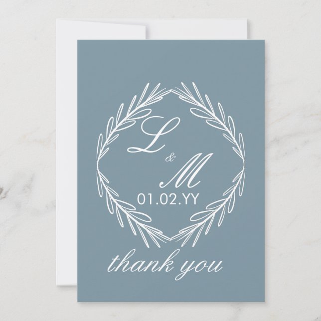 Invitation Mariage écriture monogramme branche bleu poussiére (Devant)