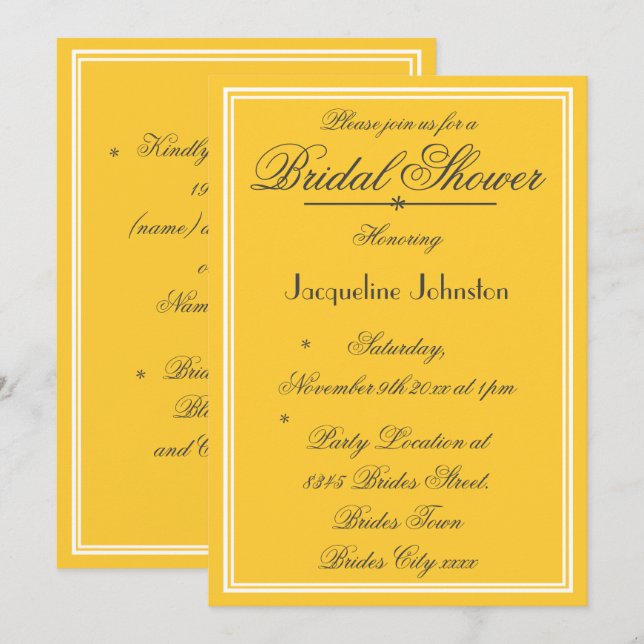 Invitation Mariage : écriture noire, jaune ensoleillé et blan (Devant / Derrière)
