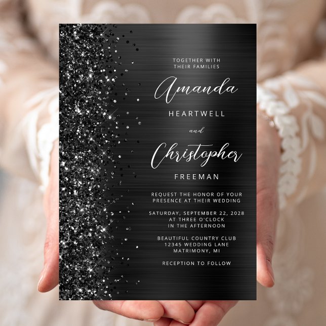 Invitation Mariage écriture pailletée métal brossé noir Glam (Créateur téléchargé)