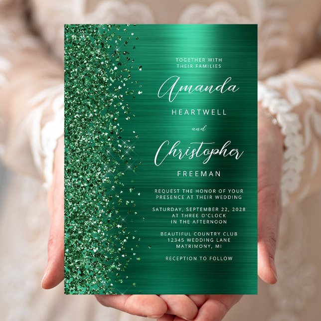 Invitation Mariage écriture pailletée métal brossé vert émera (Créateur téléchargé)