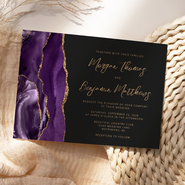 Invitation Mariage écriture sombre Agate Or Violet (Créateur téléchargé)