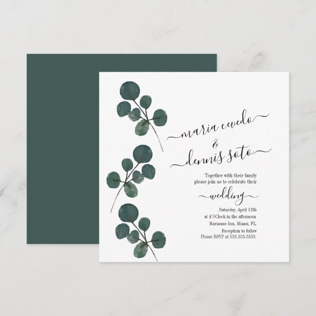 Invitation Mariage écriture verdure eucalyptus aquarelle   (Devant / Derrière)