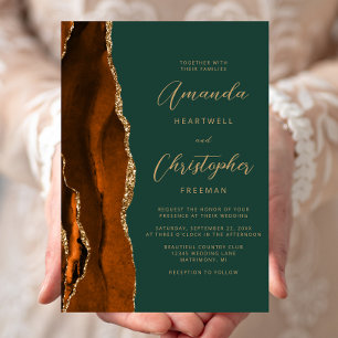 Invitation Mariage écriture vert foncé or agate orange brûlée