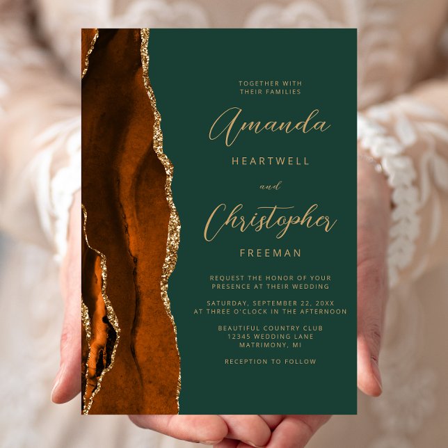 Invitation Mariage écriture vert foncé or agate orange brûlée (Créateur téléchargé)