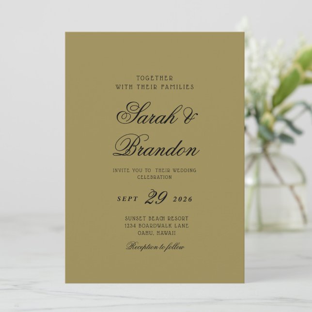 Invitation Mariage écriture vert olive couleur unie chaude (Créateur téléchargé)