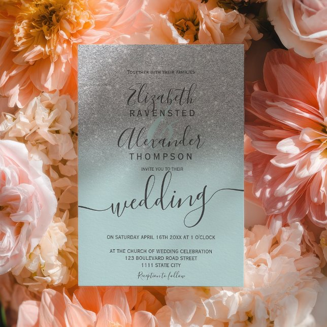 Invitation Mariage écriture vert sauge paillettes argent ombr (Silver glitter ombre sage green script wedding invitation)