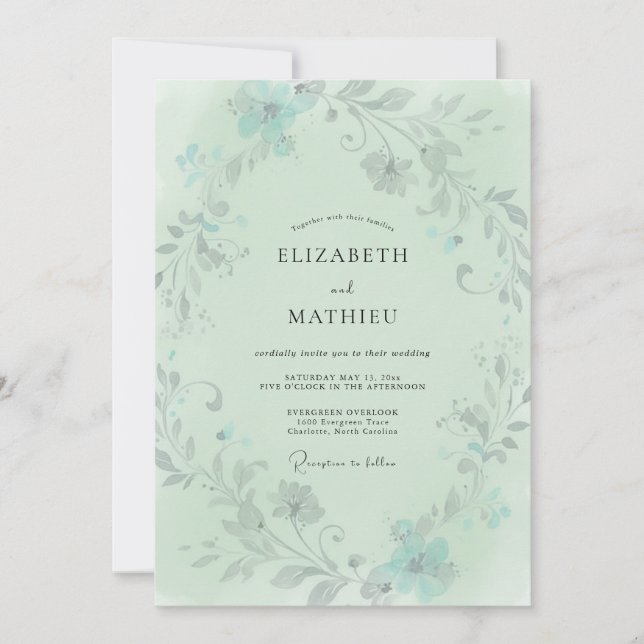 Invitation Mariage écume de mer sarcelle feuillage gris eucal (Devant)
