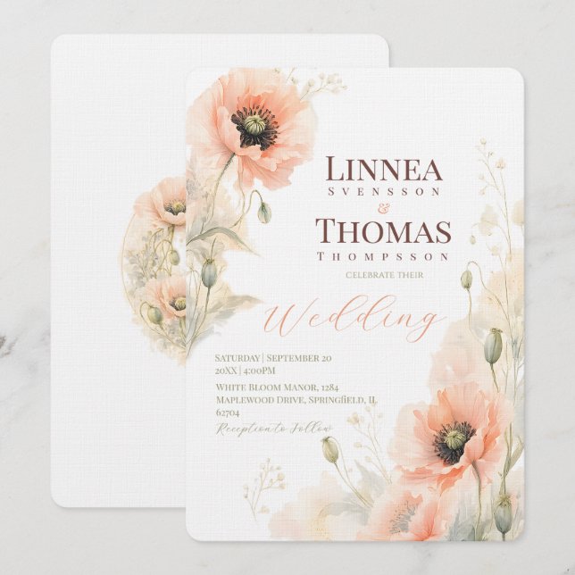 Invitation Mariage éditorial élégant Poppy Blush doux (Devant / Derrière)